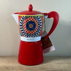 Brandani 9 Cup Italian Coffee Maker Aluminum Moka Pot Sicilian Pattern Red
